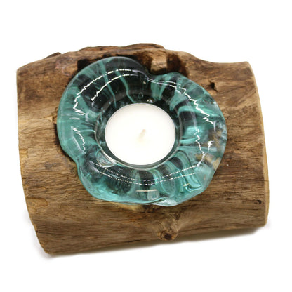Molten Glass Single Candle Holder on Wood