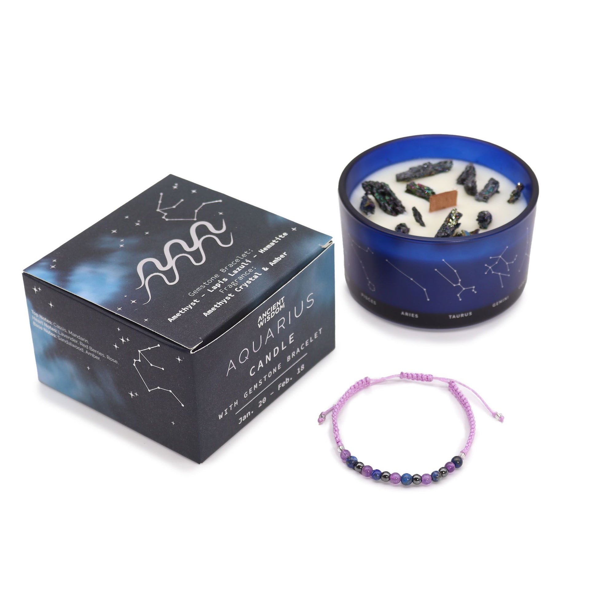 Zodiac Crystal Candle with Gemstone Bracelet – Aquarius