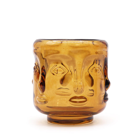 Buddha Faces Glass Candle Jar – Antique Amber