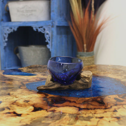 Molten Glass Mini Blue Bowl on Wood