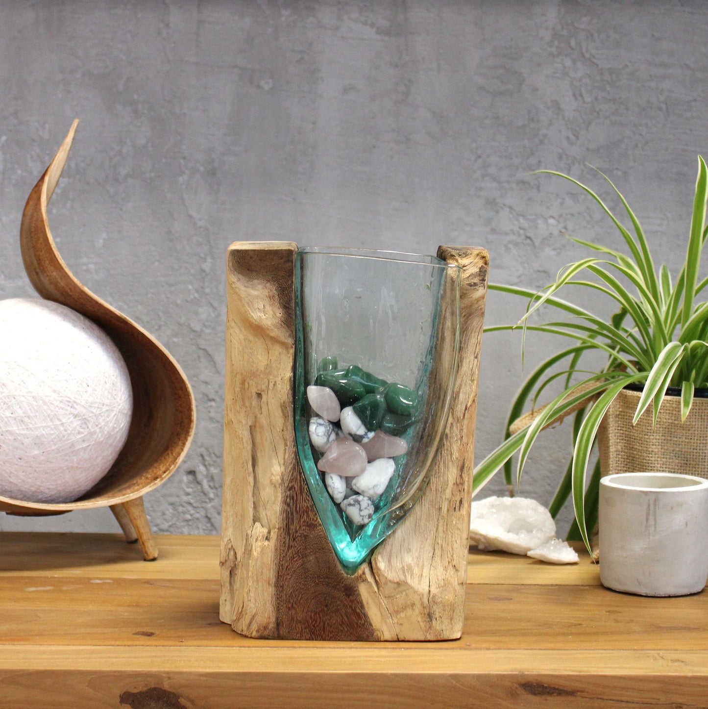 Molten Glass V-Shaped Art Vase on Wood