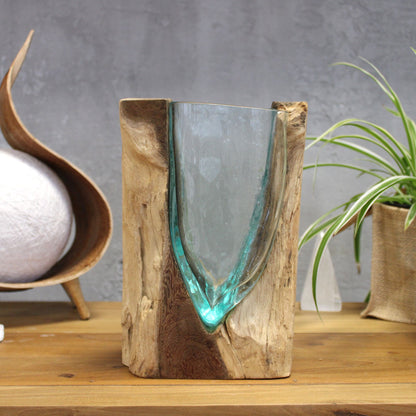 Molten Glass V-Shaped Art Vase on Wood