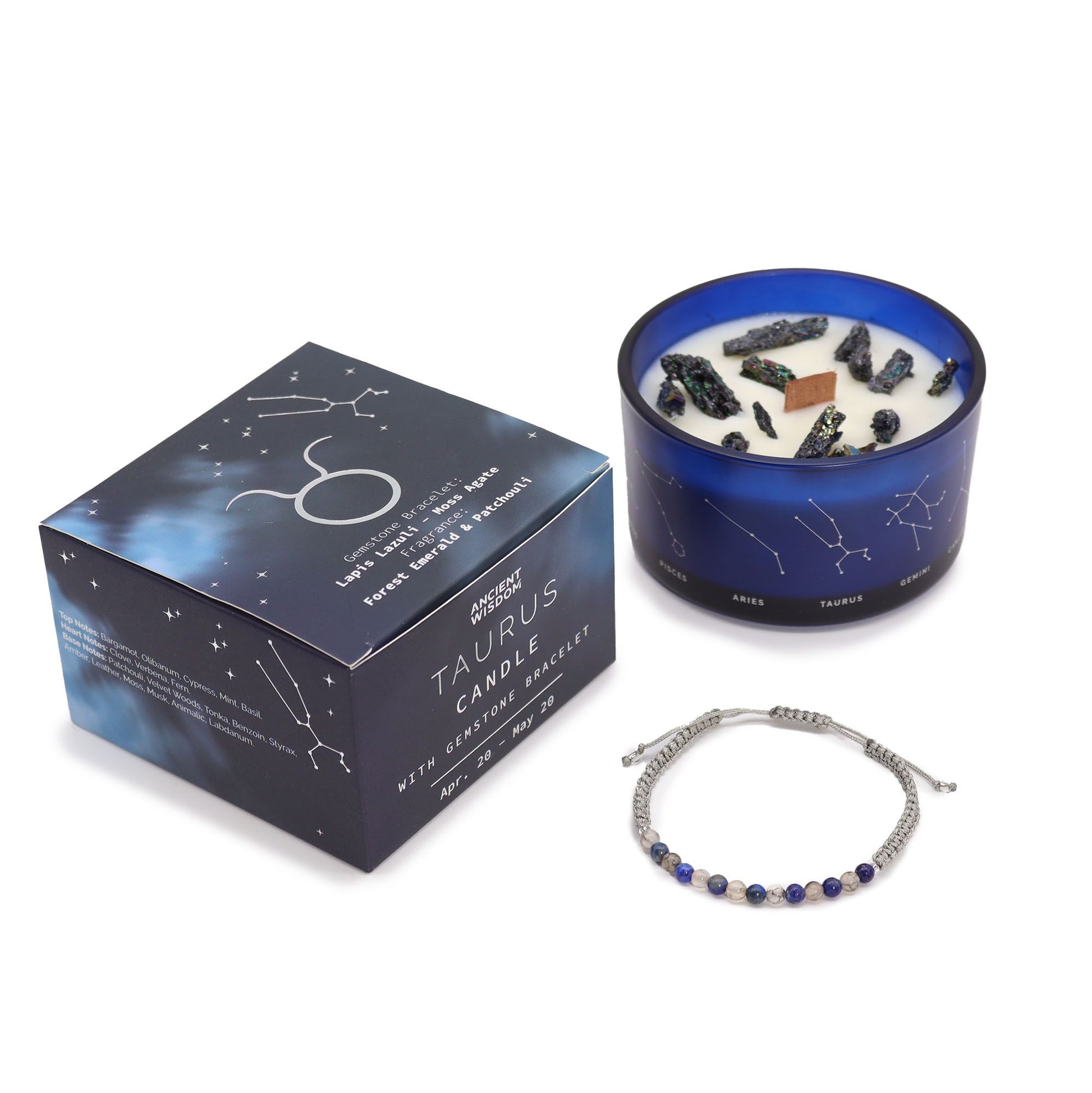 Zodiac Crystal Candle with Gemstone Bracelet – Taurus
