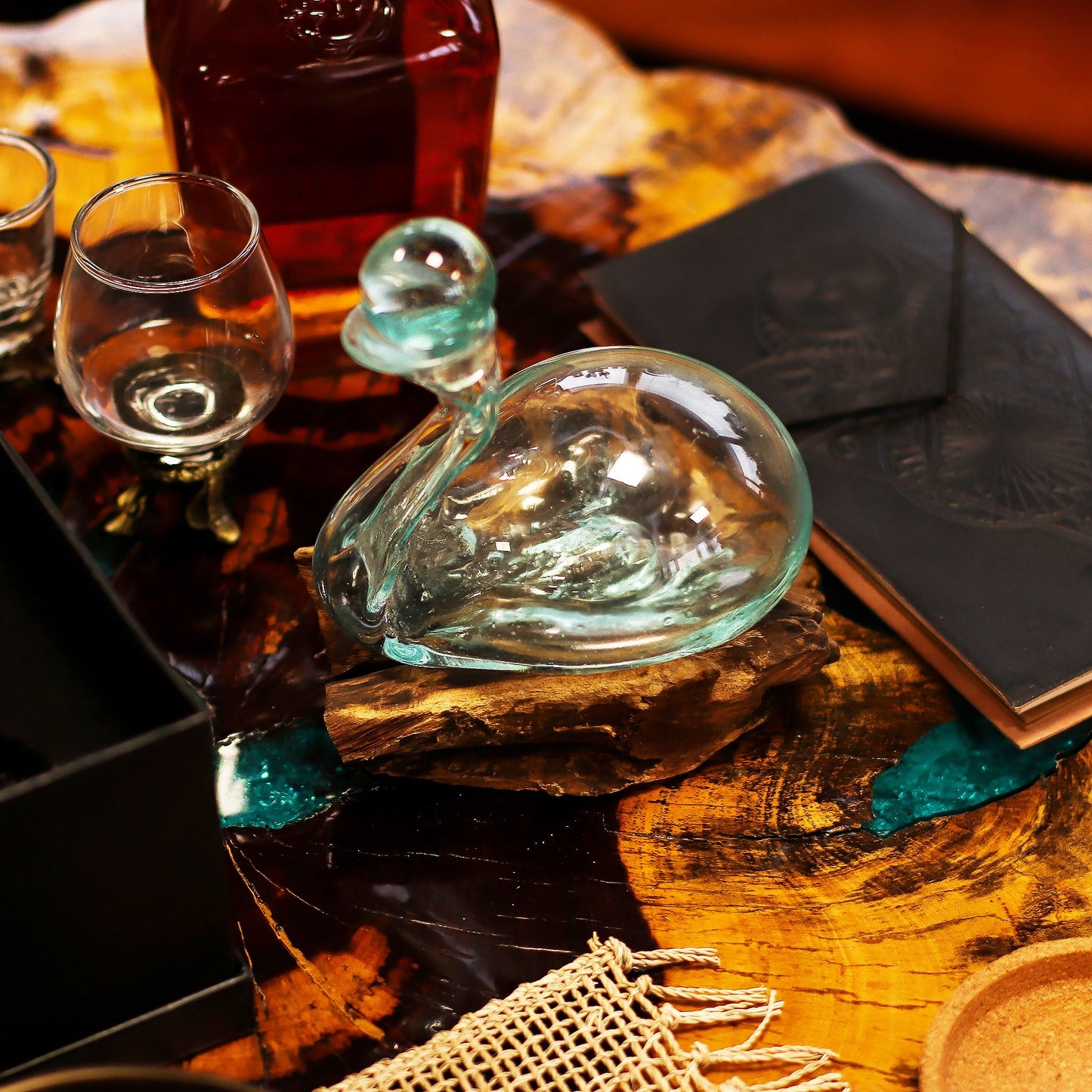 Molten Glass Duck Decanter on Wood with Stopper 19cm
