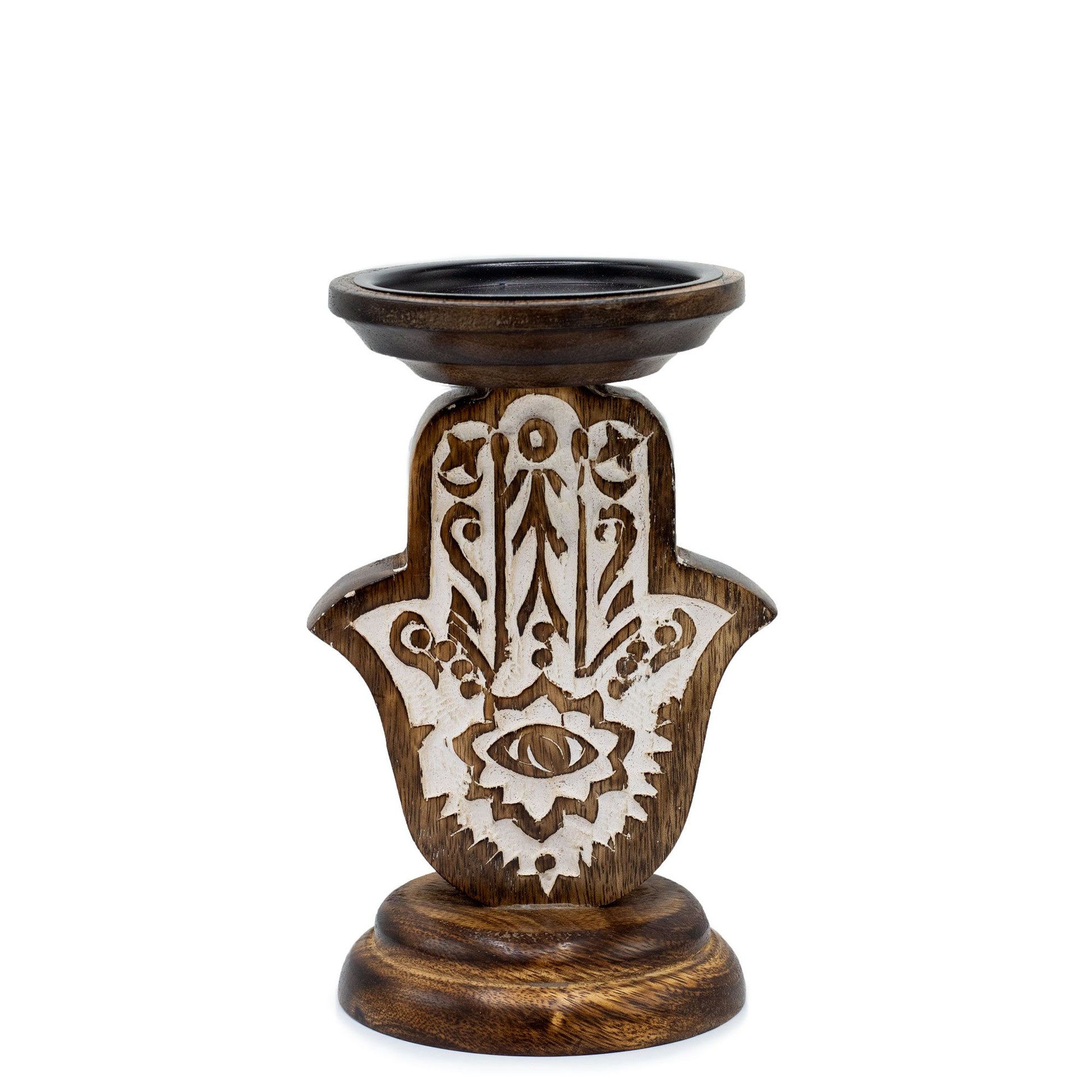 Mango Wood Candle Holder – Hamsa Design Small