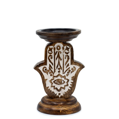 Mango Wood Candle Holder – Hamsa Design Small