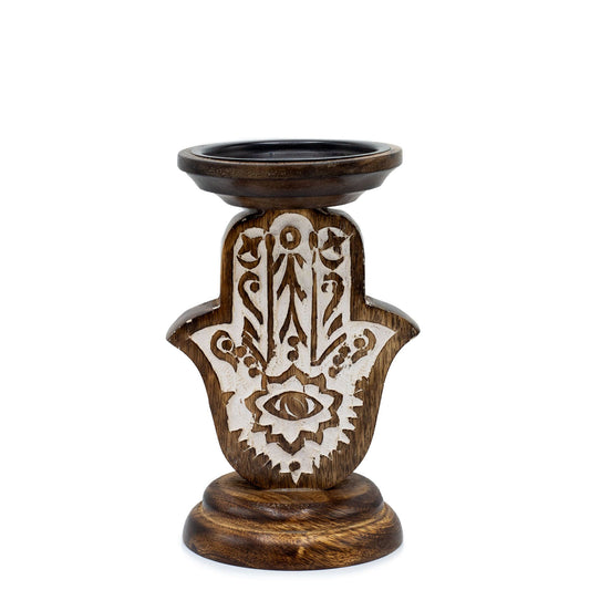 Mango Wood Candle Holder – Hamsa Design Small