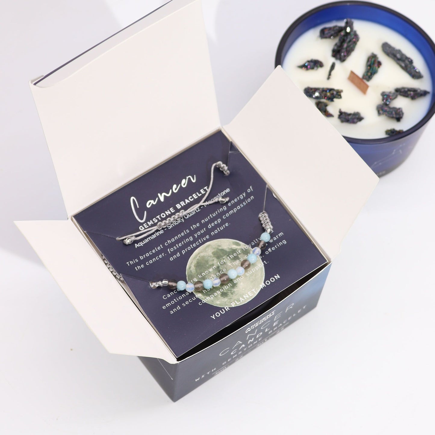 Zodiac Crystal Candle with Gemstone Bracelet – Cancer