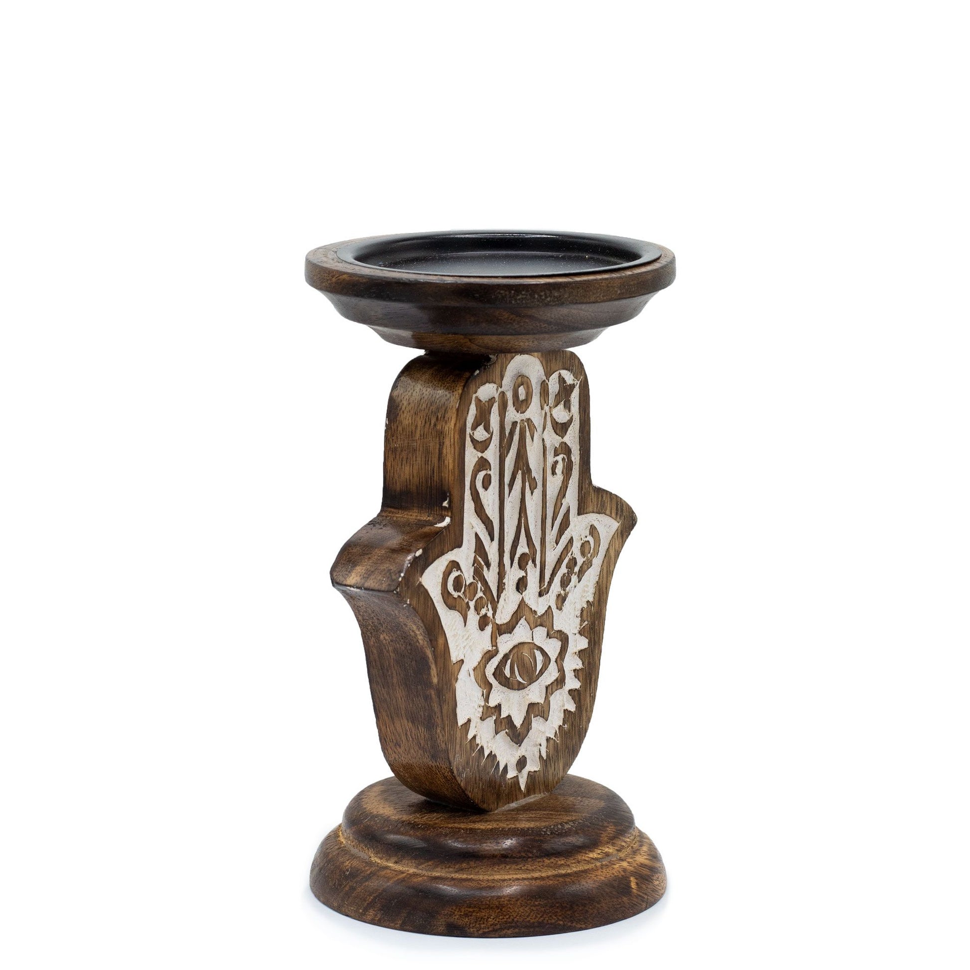 Mango Wood Candle Holder – Hamsa Design Small