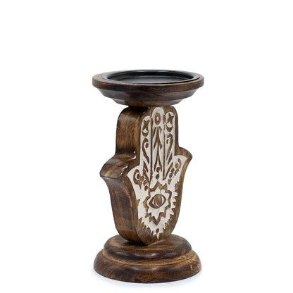 Mango Wood Candle Holder – Hamsa Design Small