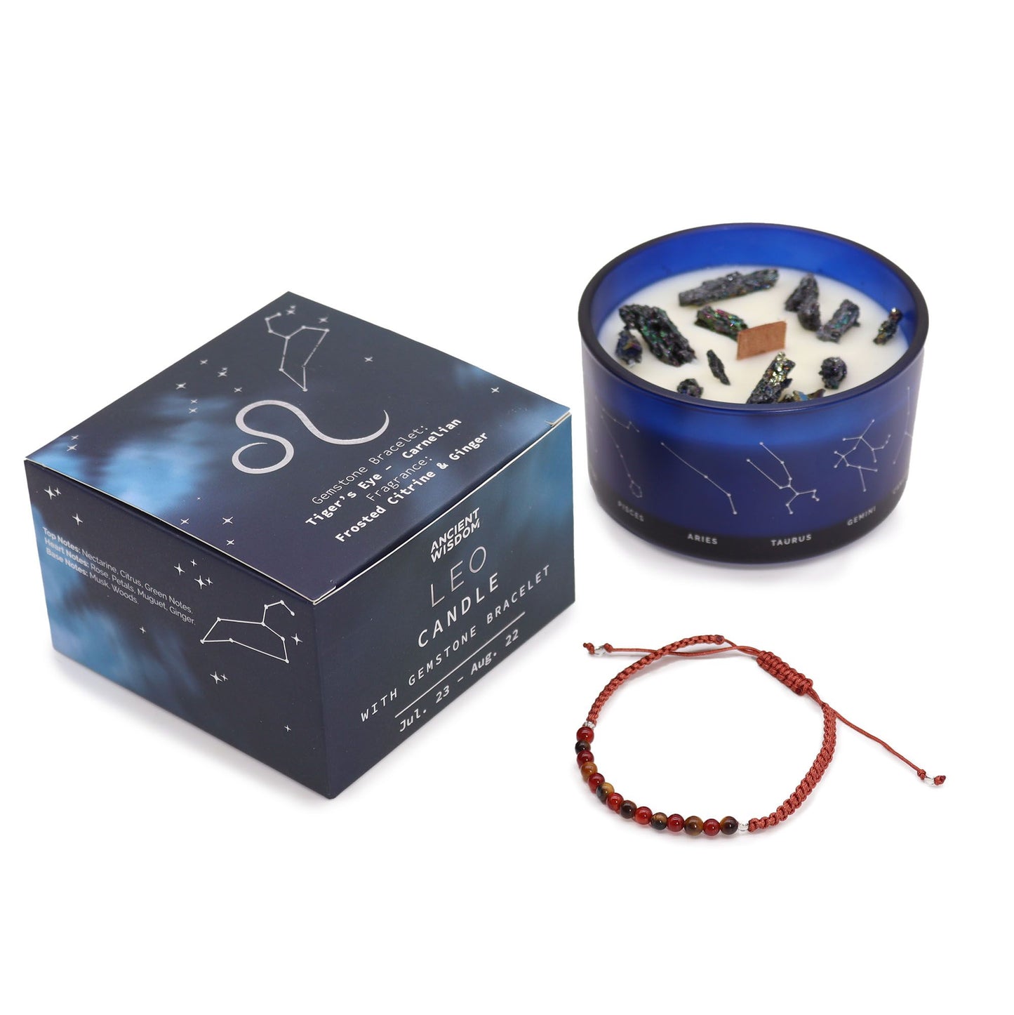 Zodiac Crystal Candle with Gemstone Bracelet – Leo