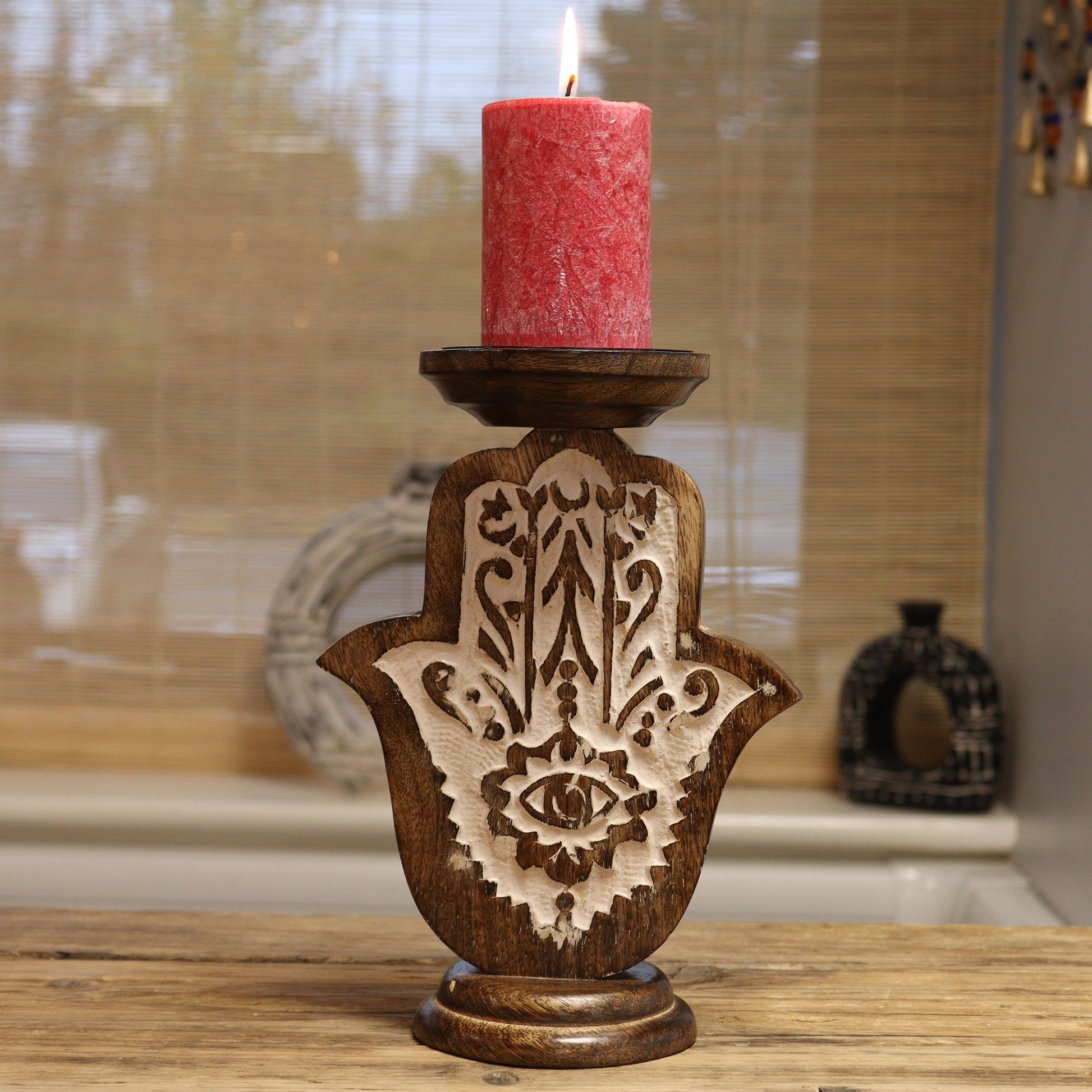 Mango Wood Candle Holder – Hamsa Design Small