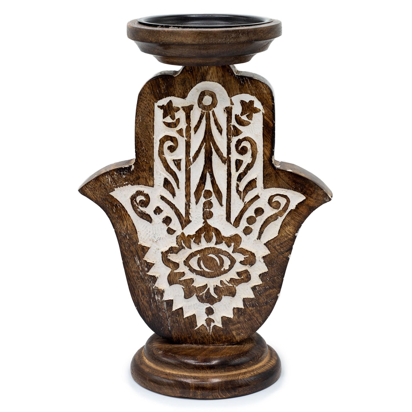 Mango Wood Candle Holder – Hamsa Design Large