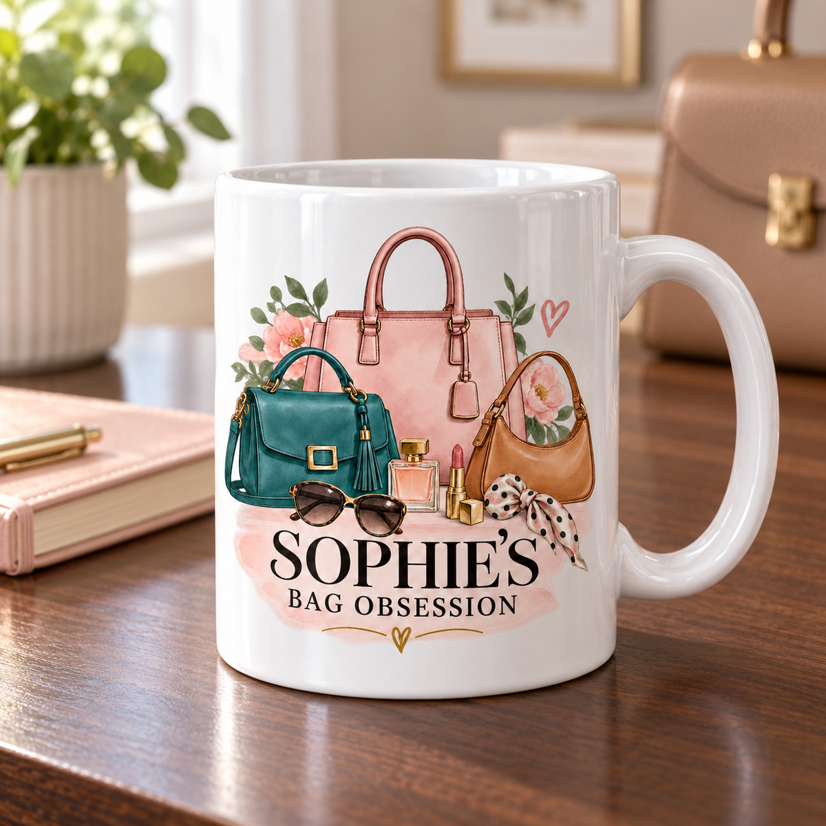 Bag Obsession personalised mug on a walnut desk with a handbag in the background
