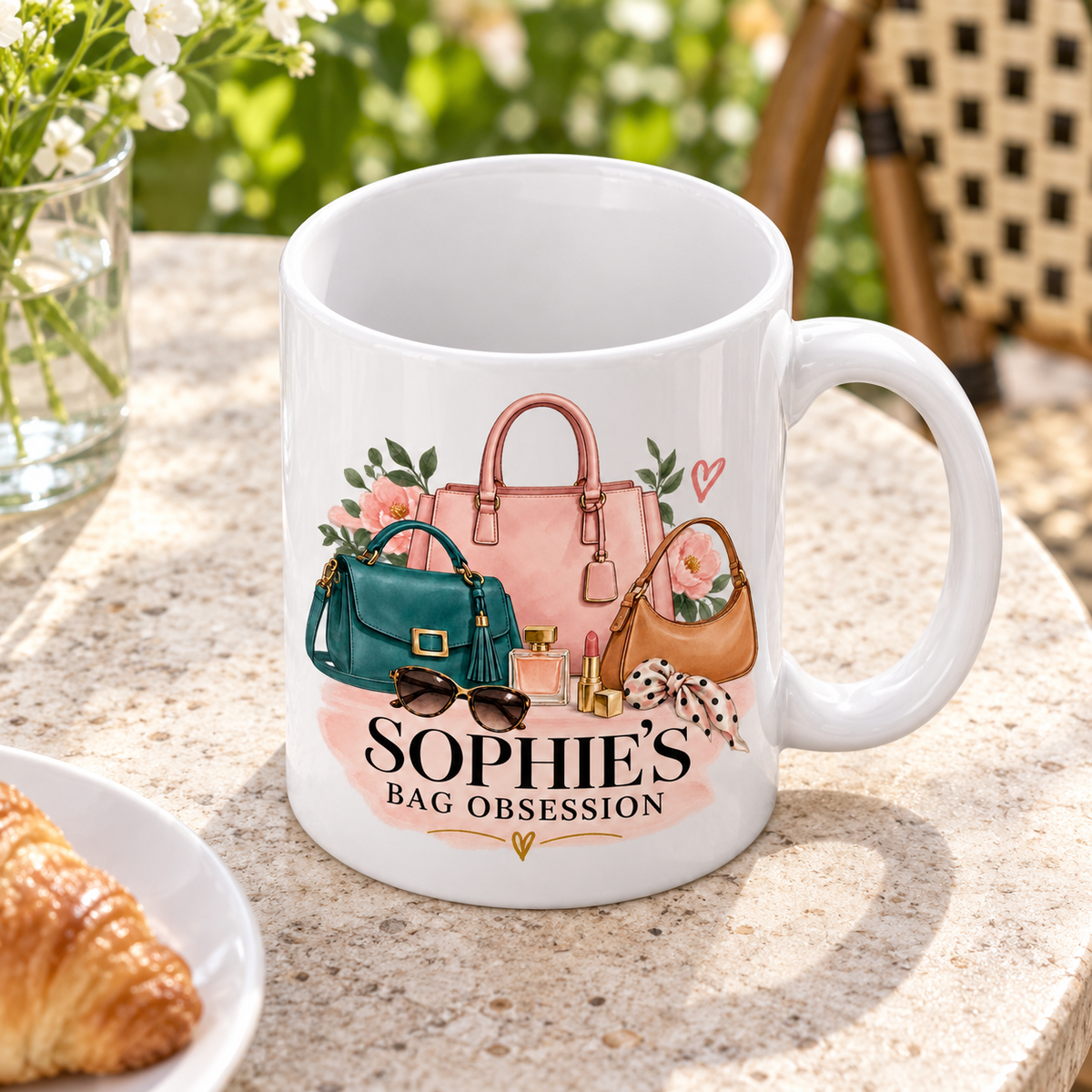 Elevated view of the Bag Obsession mug showing its white interior on a garden café table