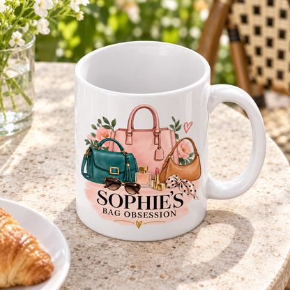 Elevated view of the Bag Obsession mug showing its white interior on a garden café table