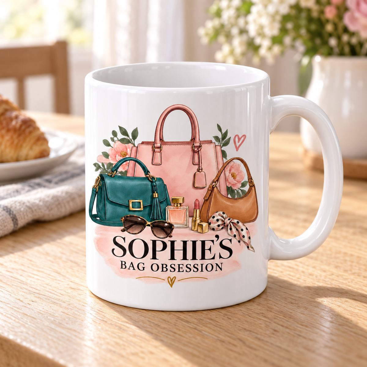 Bag Obsession mug viewed from above the front-left on an oak breakfast table