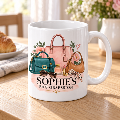 Bag Obsession mug viewed from above the front-left on an oak breakfast table