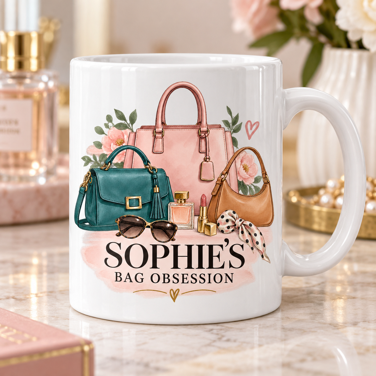 Personalised Bag Obsession white ceramic mug with Sophie’s name and pink, teal and tan handbag illustration