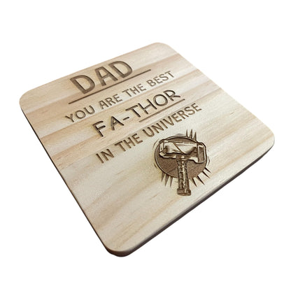 Dad Coaster – Best Fa-thor in the Universe – Engraved Wooden Gift