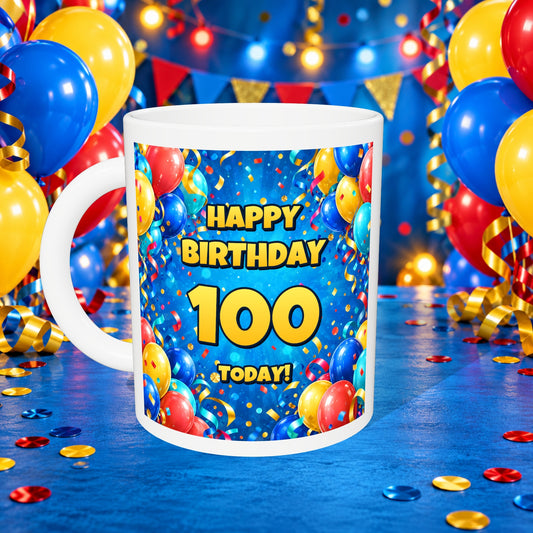 100th Birthday Colourful Balloons Mug — front with white rim and party background