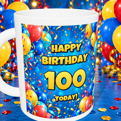 100th Birthday Colourful Balloons Mug — detail with white rim and party background