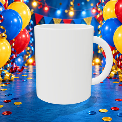 13th Birthday Colourful Balloons Mug — back with white rim and party background