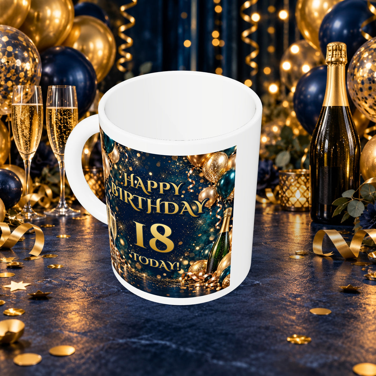 18th Birthday Prosecco & Balloons Mug — above with white rim and party background