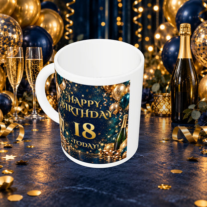 18th Birthday Prosecco & Balloons Mug — above with white rim and party background