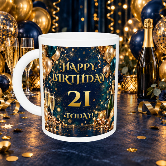 21st Birthday Prosecco & Balloons Mug — front with white rim and party background