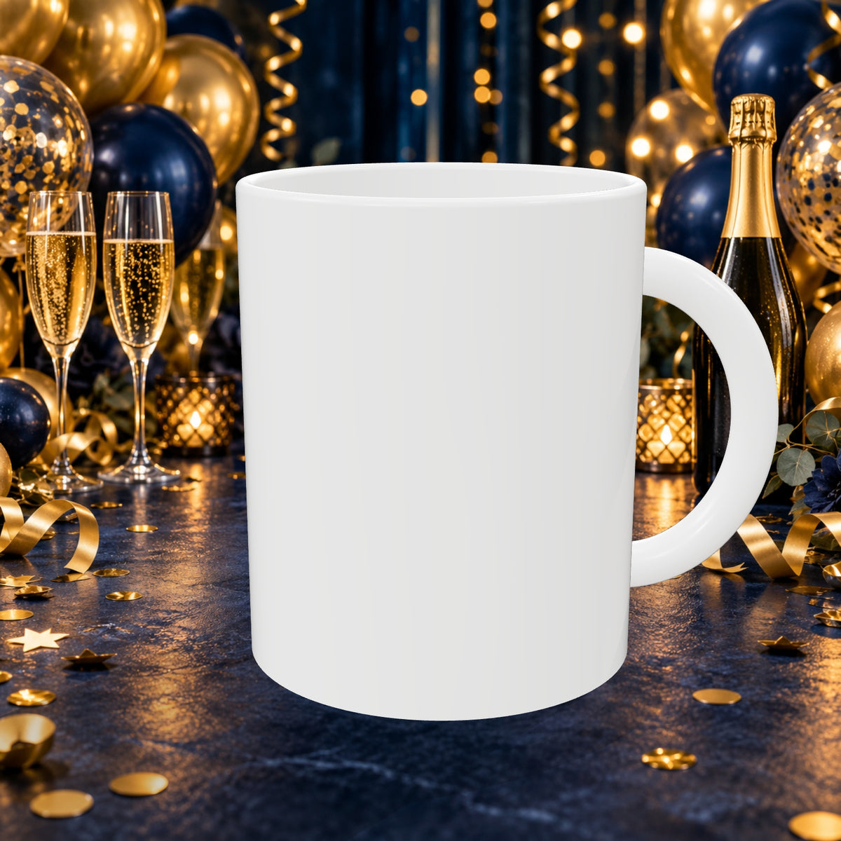 21st Birthday Prosecco & Balloons Mug — back with white rim and party background