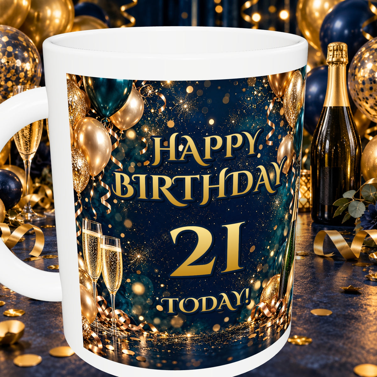 21st Birthday Prosecco & Balloons Mug — detail with white rim and party background