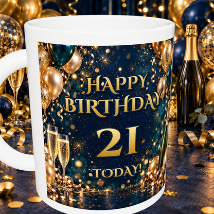 21st Birthday Prosecco & Balloons Mug — detail with white rim and party background