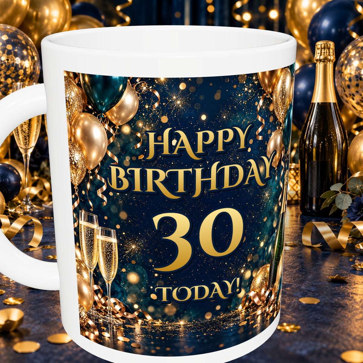 30th Birthday Prosecco & Balloons Mug — detail with white rim and party background