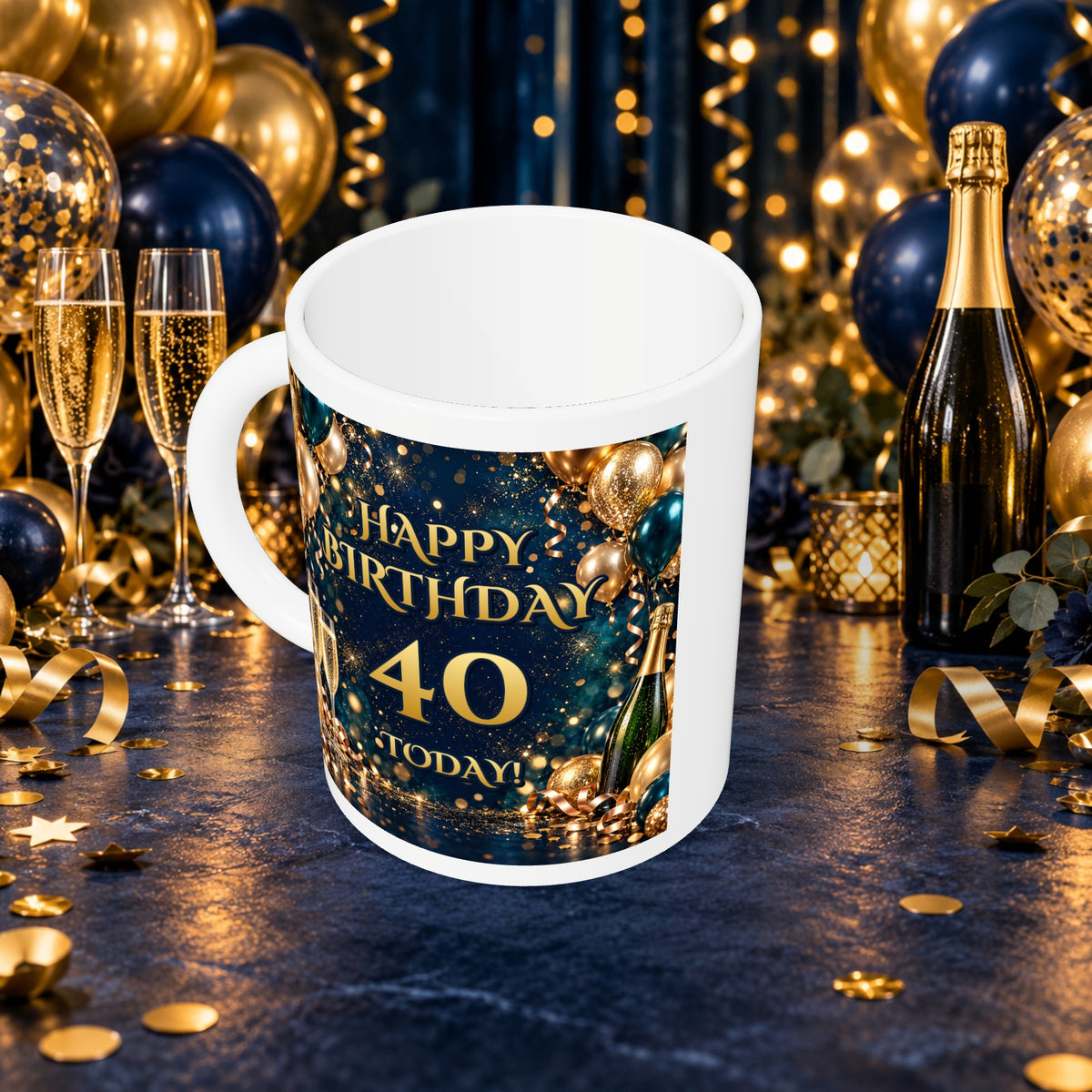 40th Birthday Prosecco & Balloons Mug — above with white rim and party background