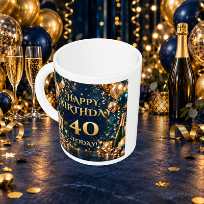 40th Birthday Prosecco & Balloons Mug — above with white rim and party background