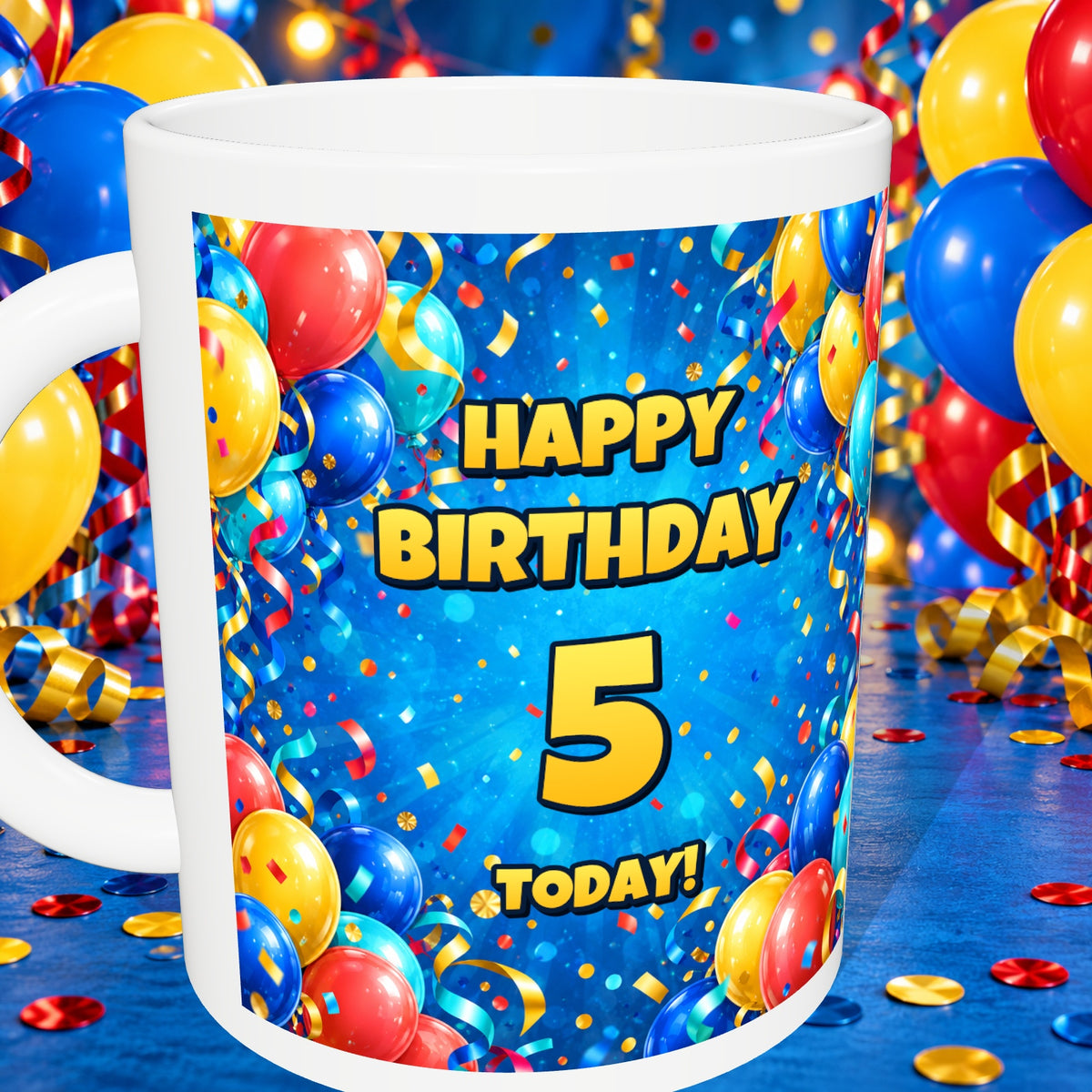 5th Birthday Colourful Balloons Mug — detail with white rim and party background