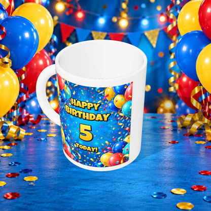 5th Birthday Colourful Balloons Mug — above with white rim and party background