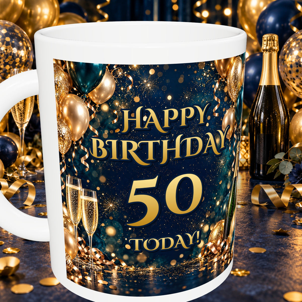 50th Birthday Prosecco & Balloons Mug — detail with white rim and party background
