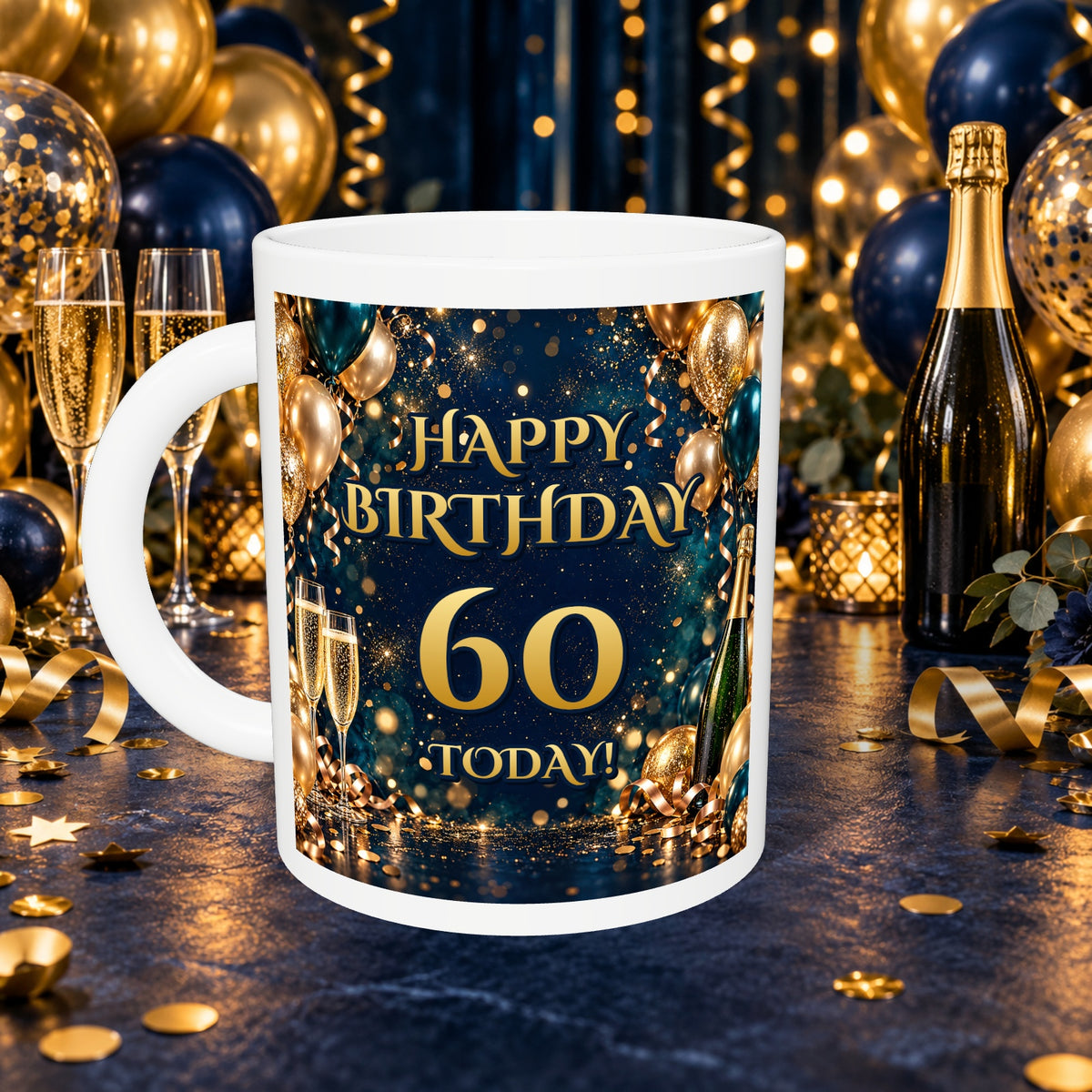60th Birthday Prosecco & Balloons Mug — front with white rim and party background