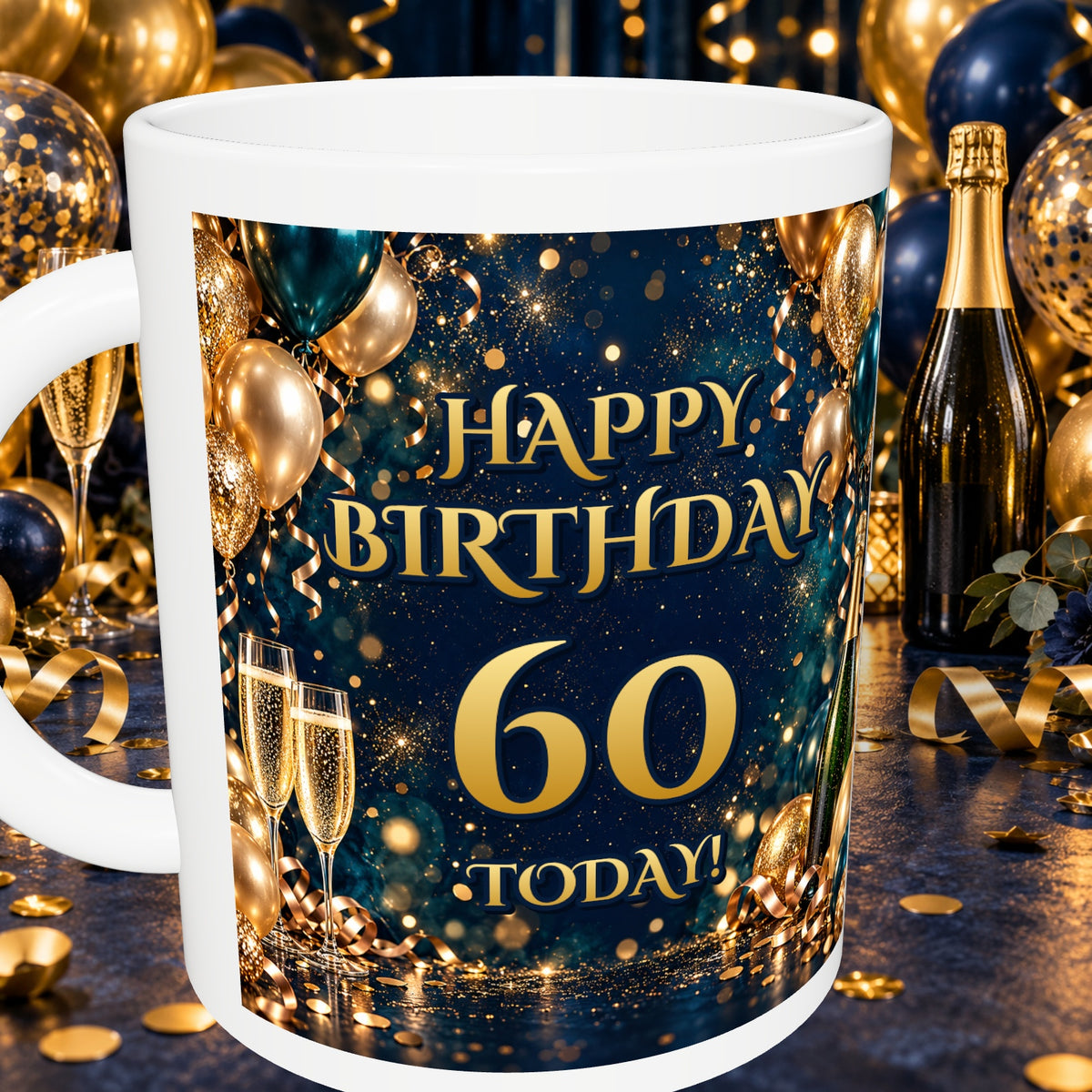 60th Birthday Prosecco & Balloons Mug — detail with white rim and party background