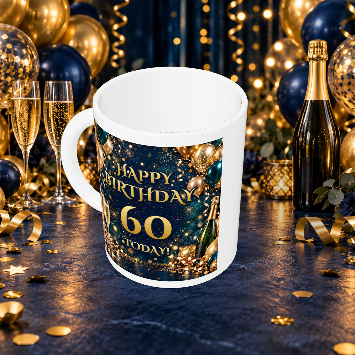 60th Birthday Prosecco & Balloons Mug — above with white rim and party background