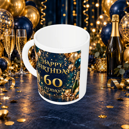 60th Birthday Prosecco & Balloons Mug — above with white rim and party background