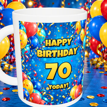 70th Birthday Colourful Balloons Mug — detail with white rim and party background