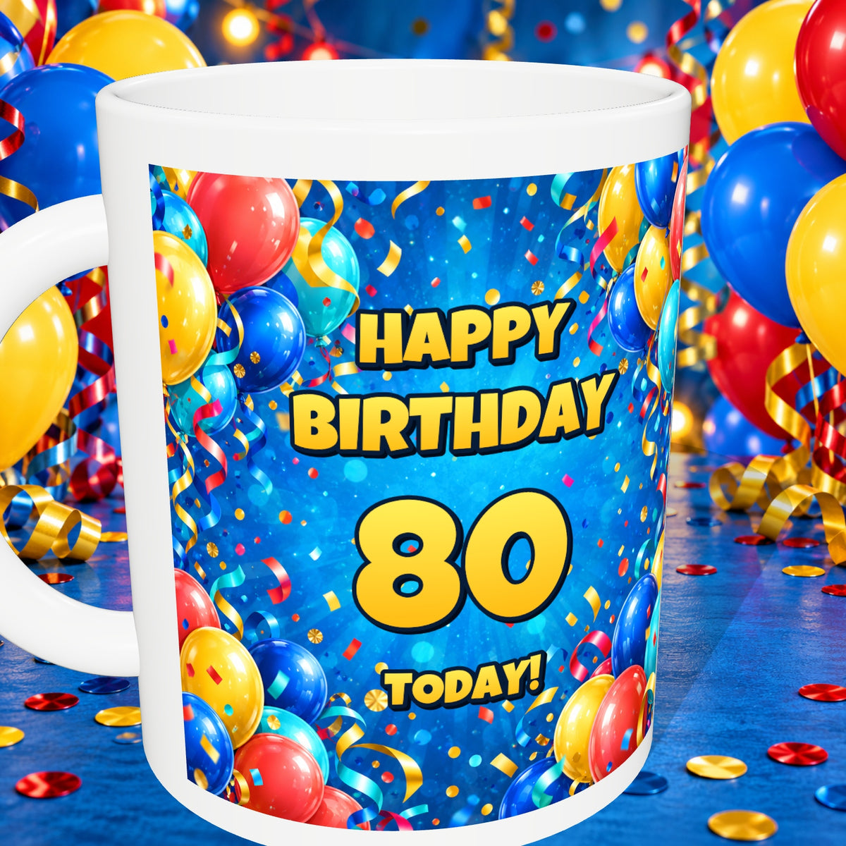 80th Birthday Colourful Balloons Mug — detail with white rim and party background