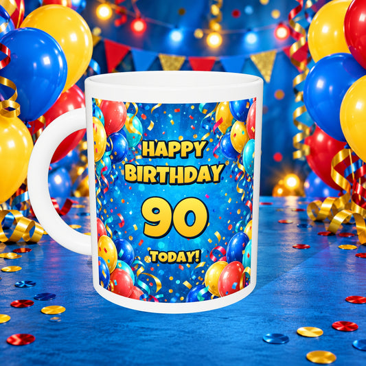 90th Birthday Colourful Balloons Mug — front with white rim and party background