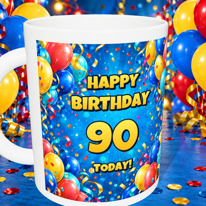 90th Birthday Colourful Balloons Mug — detail with white rim and party background