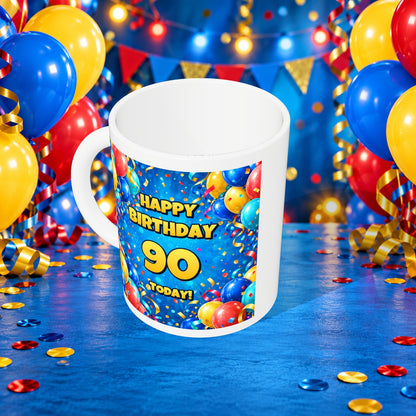 90th Birthday Colourful Balloons Mug — above with white rim and party background