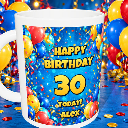 Personalised Name & Age Birthday Balloons Mug — detail with white rim and party background