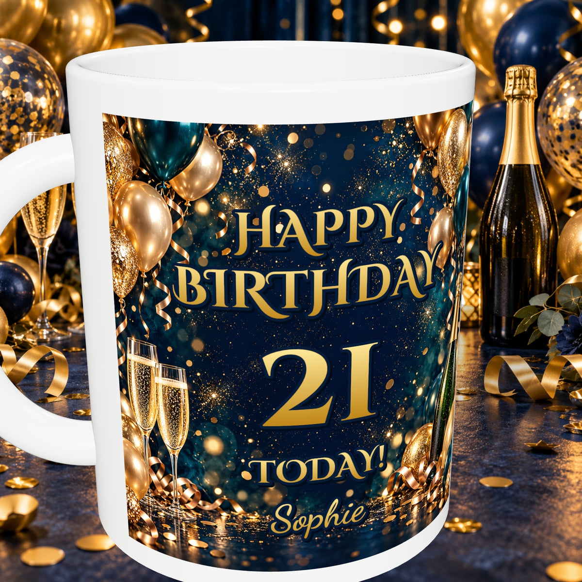 Personalised 21st Birthday Prosecco & Balloons Mug — detail with white rim and party background